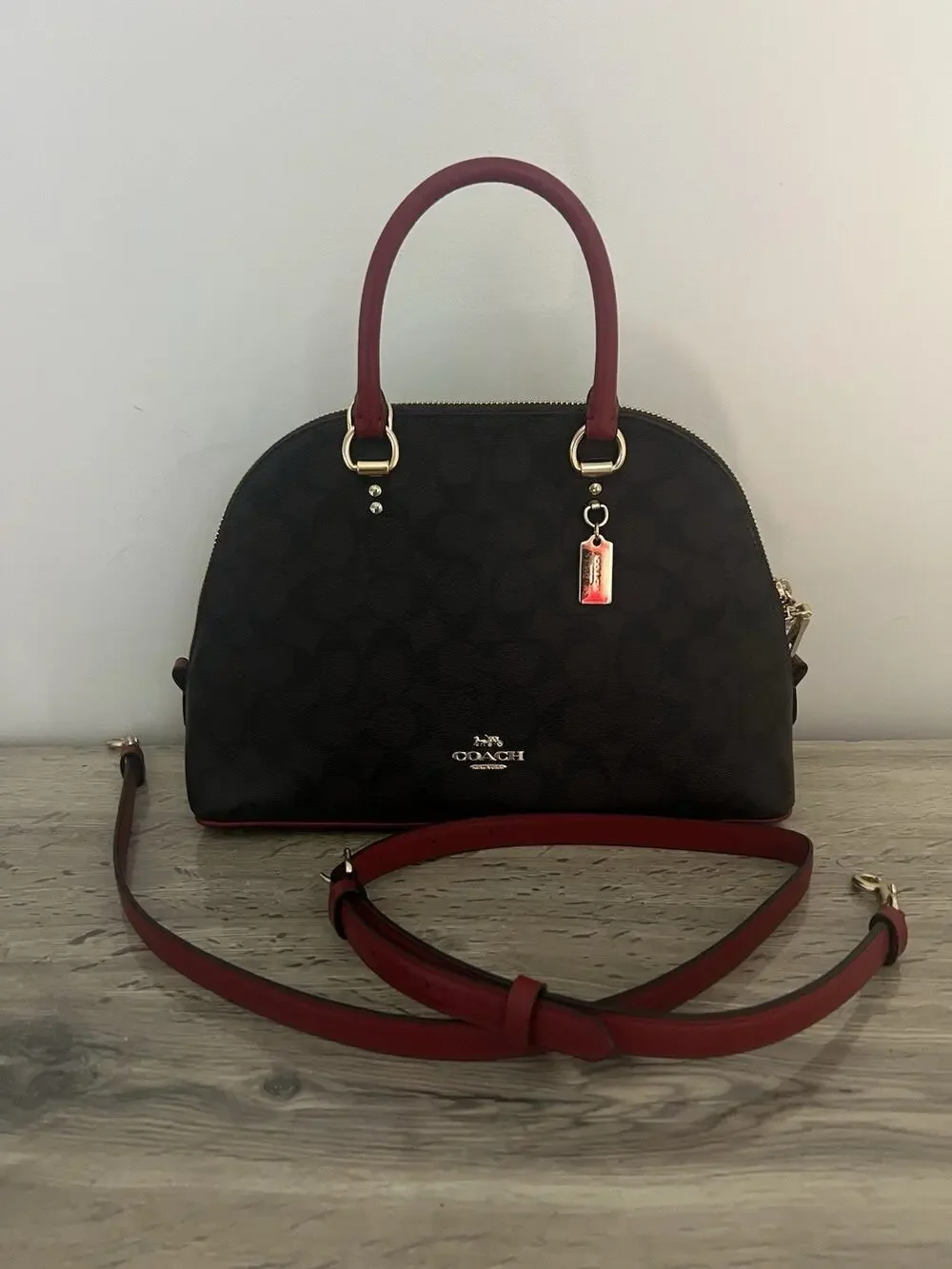 Coach 2558 Katy Satchel Signature Canvas & Leather Bag - Brown/Red dome satchel